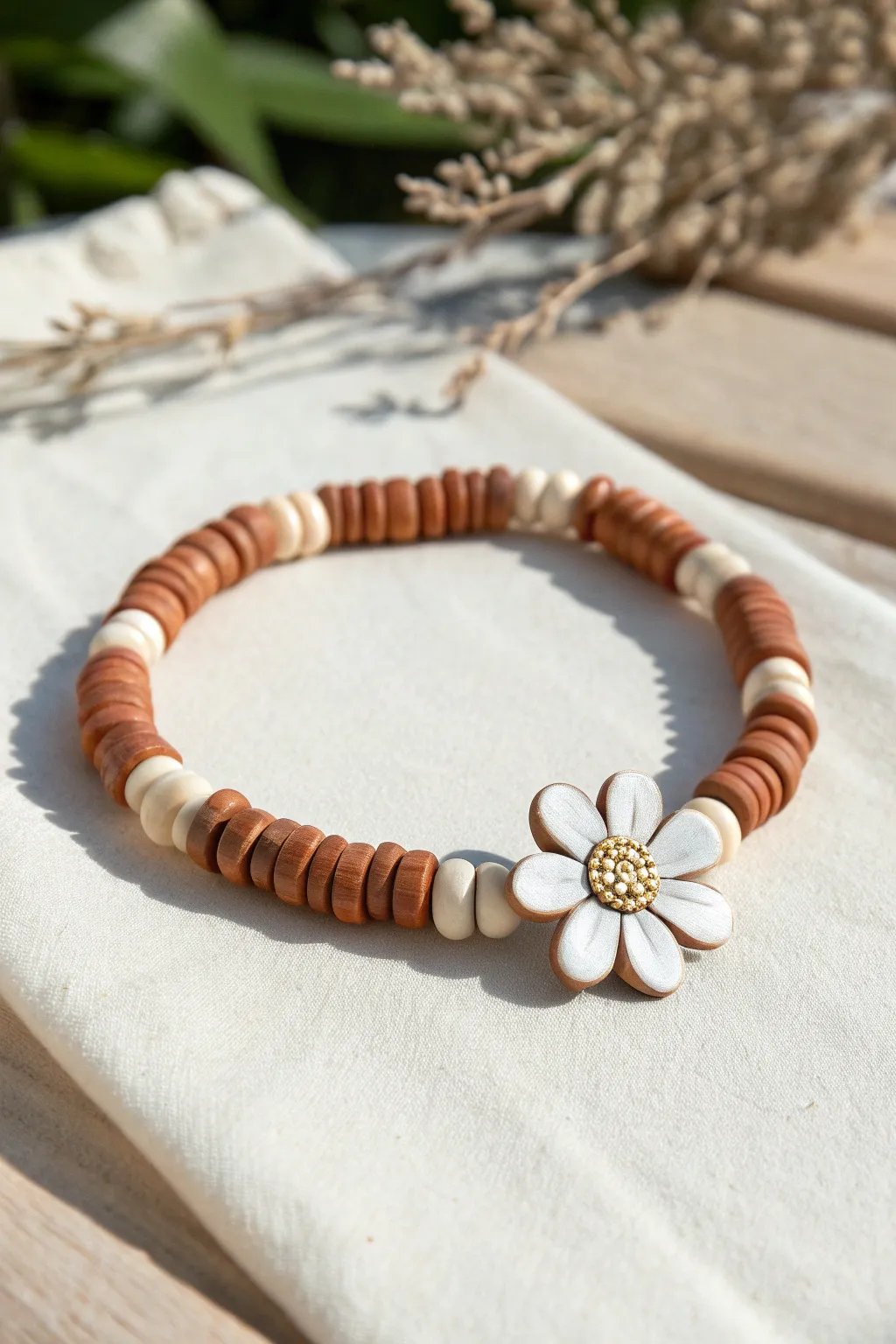 Checkerboard heishi bracelet with a simple 5 petal flower centerpiece, calm minimalist boho.
