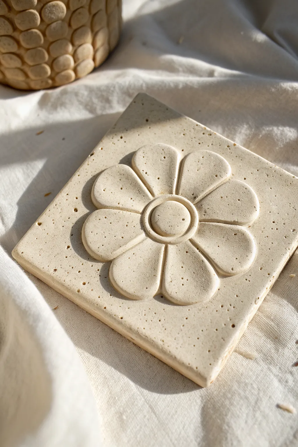 Smooth petal relief on a textured clay tile for a simple, modern floral statement.