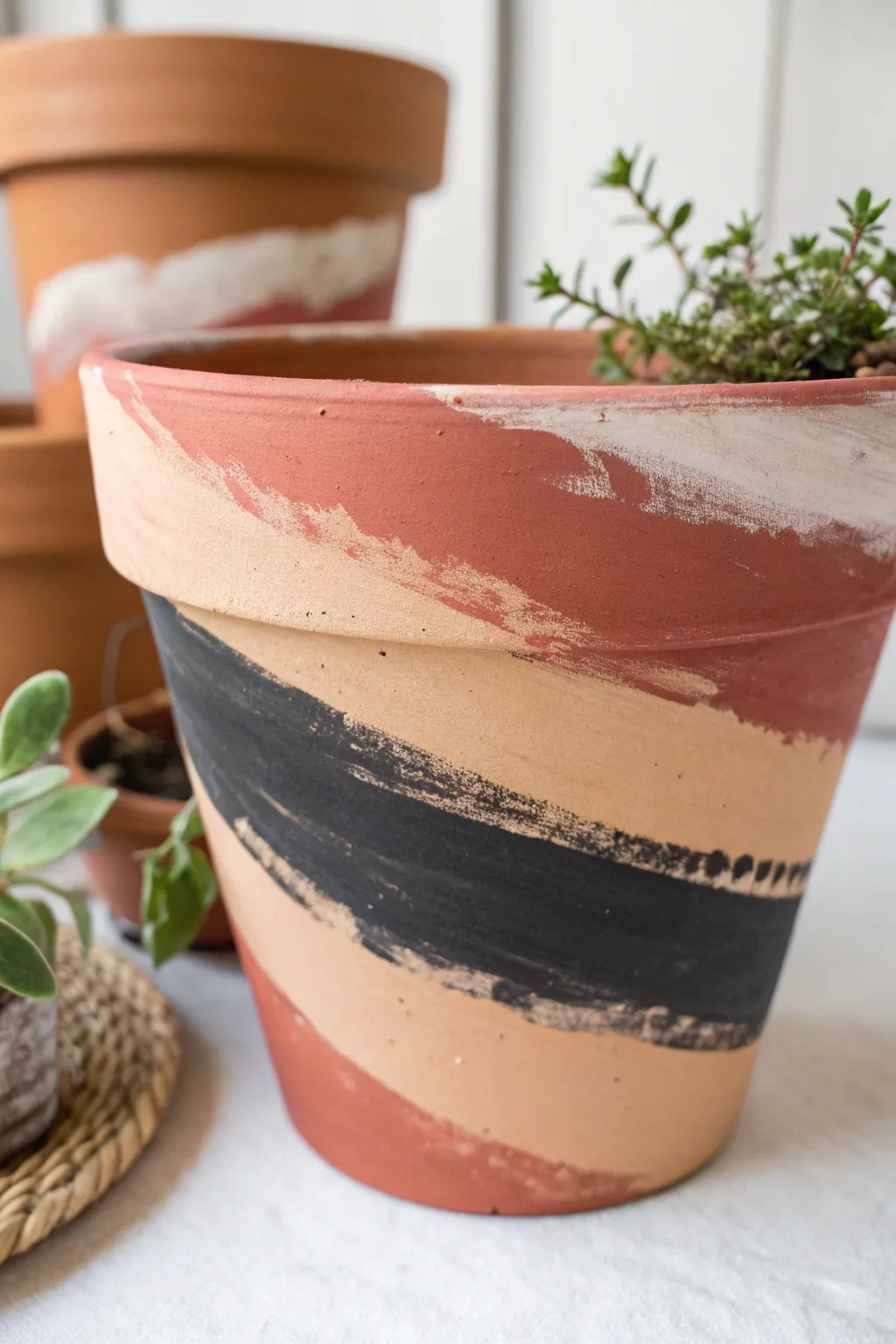 Abstract brushstroke swatches turn a simple pot into a modern, earthy statement piece.