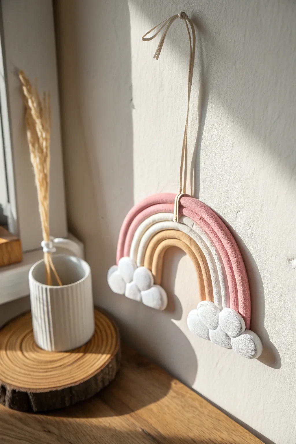 Soft pastel foam clay rainbow with fluffy clouds, a minimalist boho charm for a calm nursery wall.
