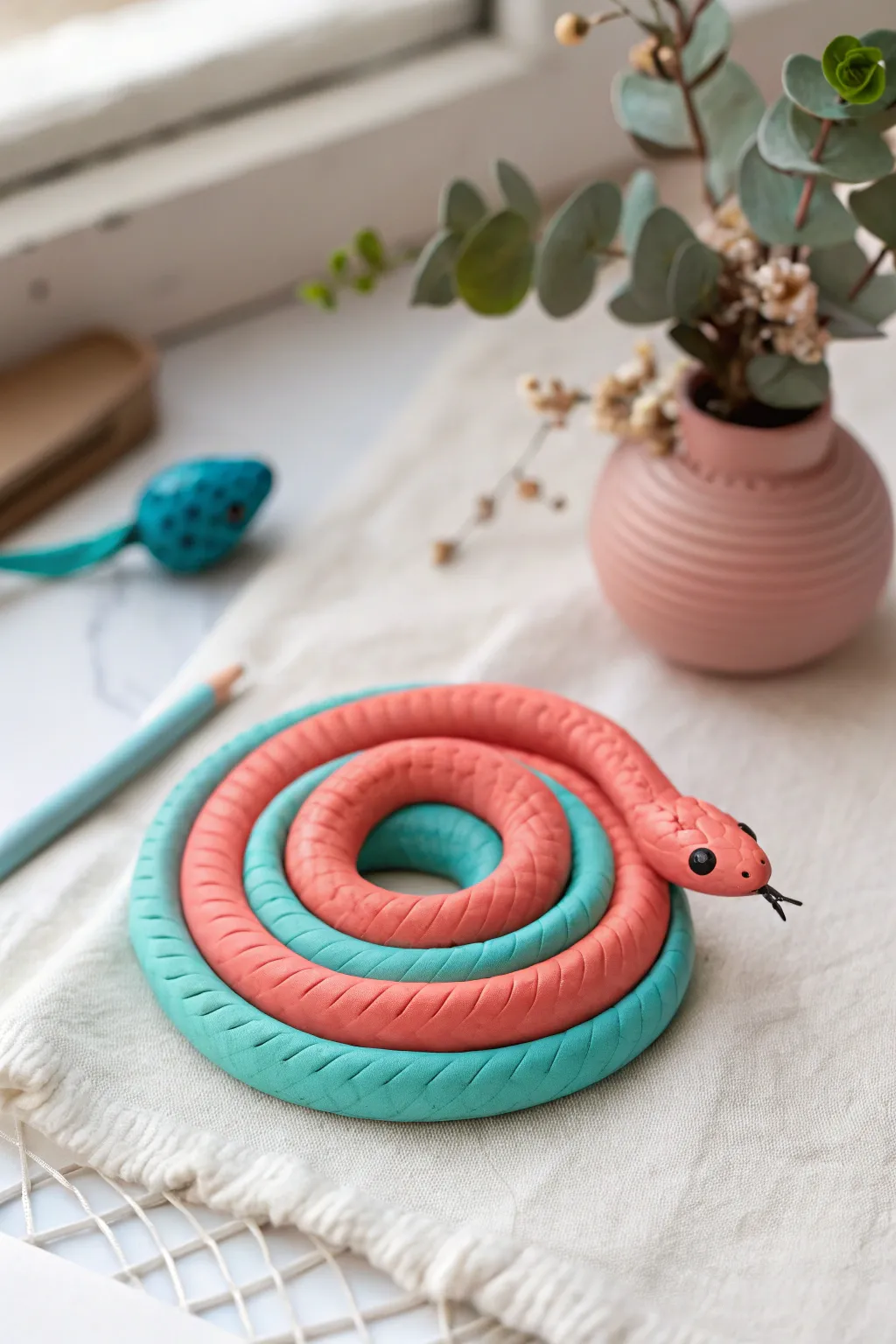 A bright foam clay coil snake adds playful charm to your desk in a clean pastel scene.
