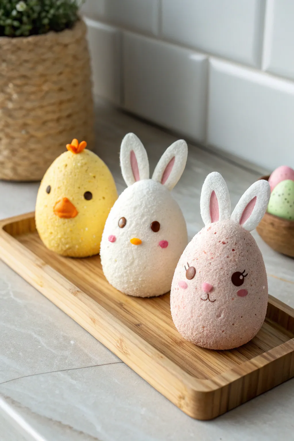 Sweet foam clay egg characters for kids: chick, bunny, and silly face in a minimalist row.