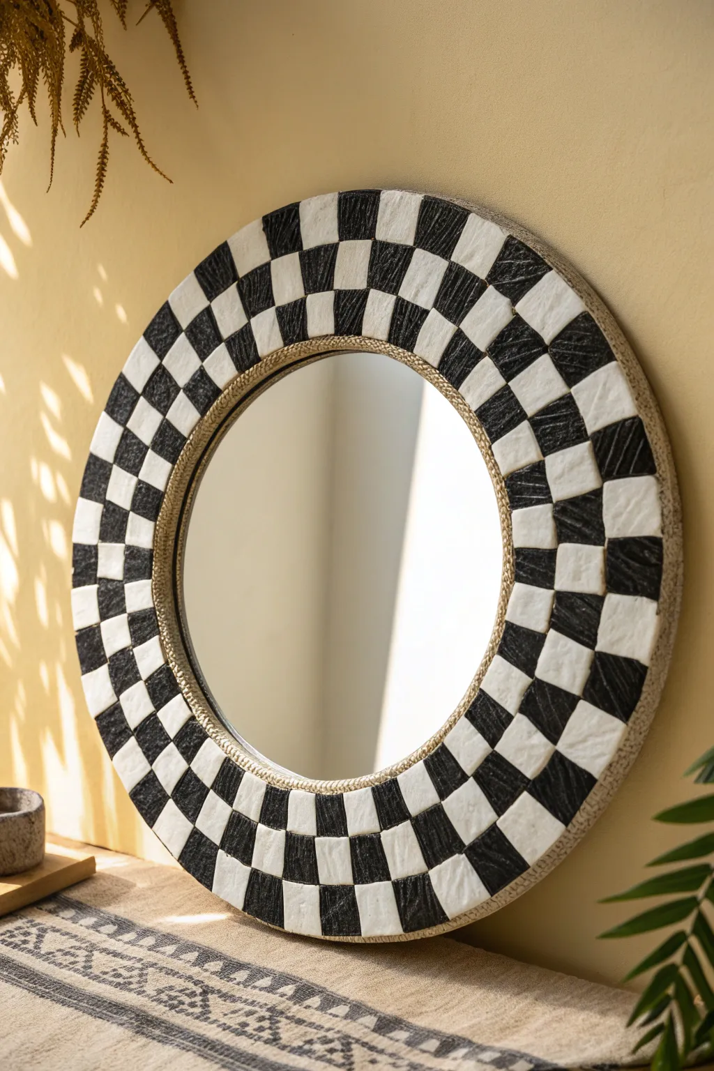 Bold black and white checkerboard foam clay mirror frame for a crisp, modern boho statement.