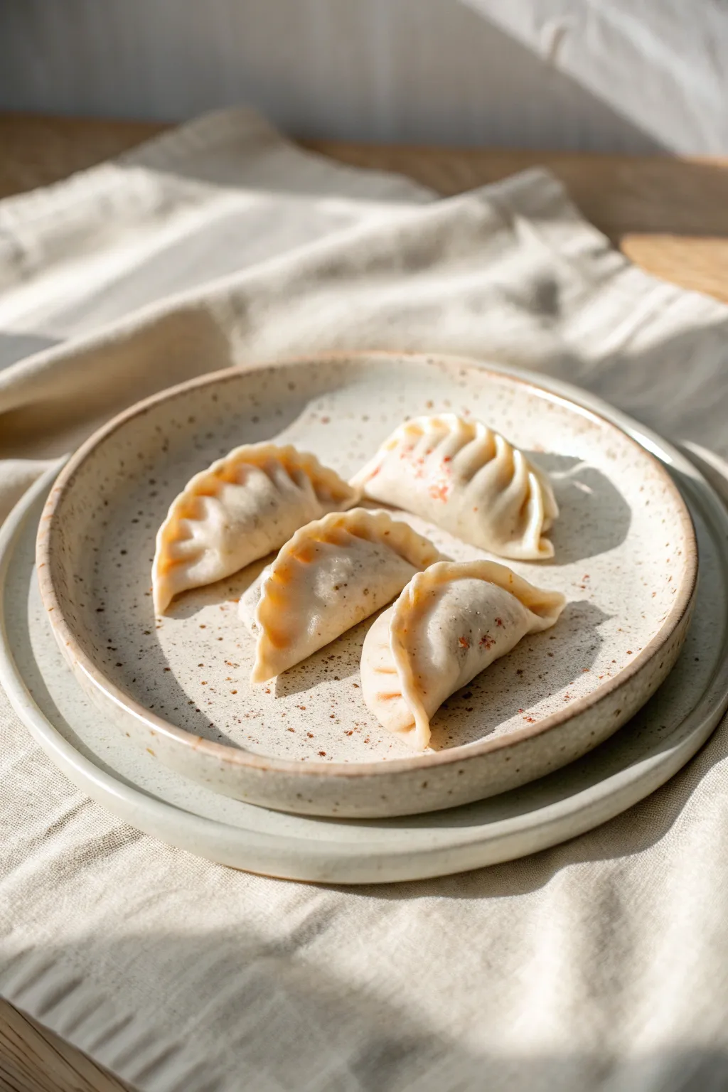 Dumpling trio ceramics with crisp crimped folds and warm speckles on a minimal tiny plate.