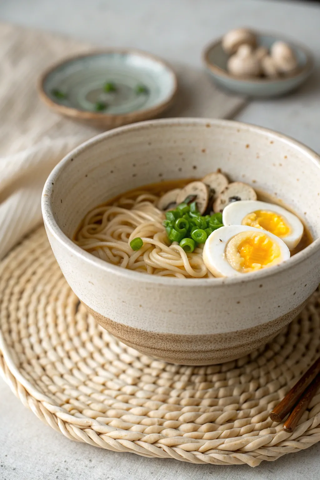 Minimalist clay ramen bowl with swirled noodles and simple toppings, cozy and craft-forward.