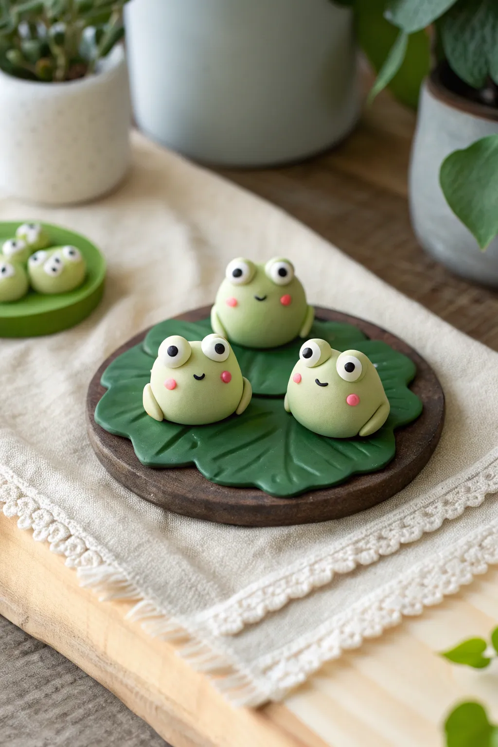 Tiny clay frogs on lily pads, a sweet beginner project with minimalist pond vibes.