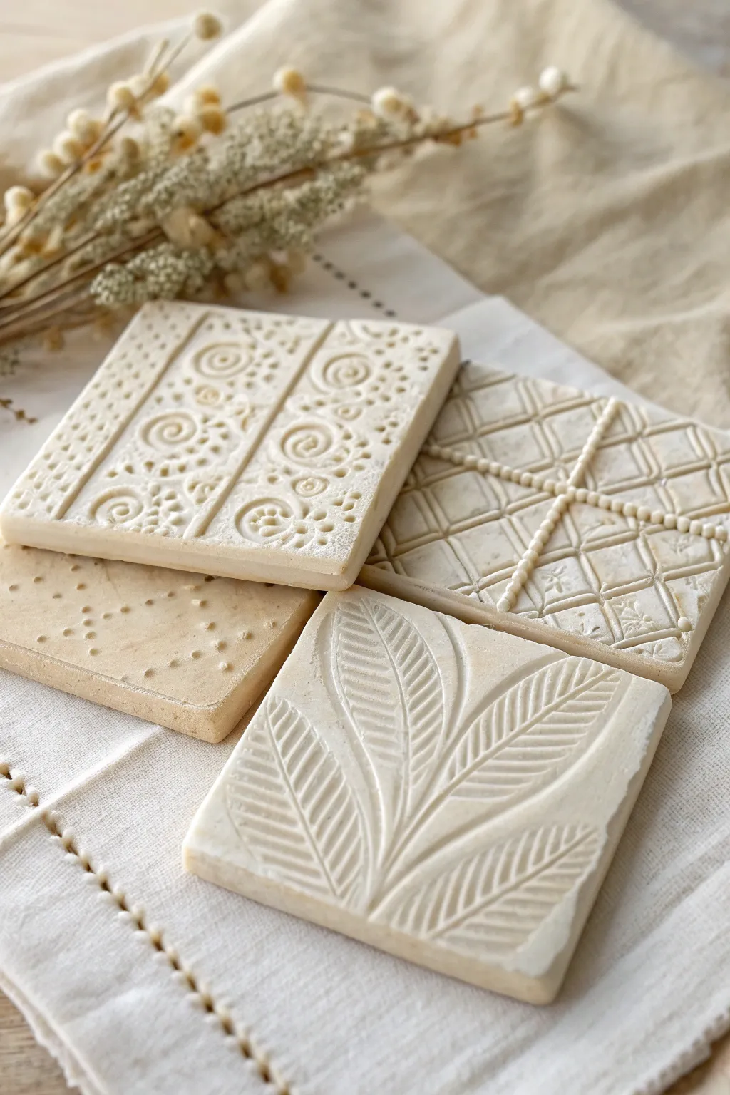 Easy texture stamp clay tiles: simple square keepsakes with bold patterns for kids