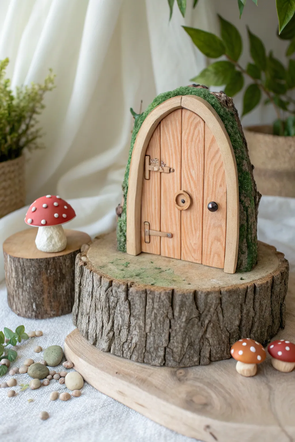 Enchant your shelf with a minimalist clay fairy door nestled in a tiny forest stump.