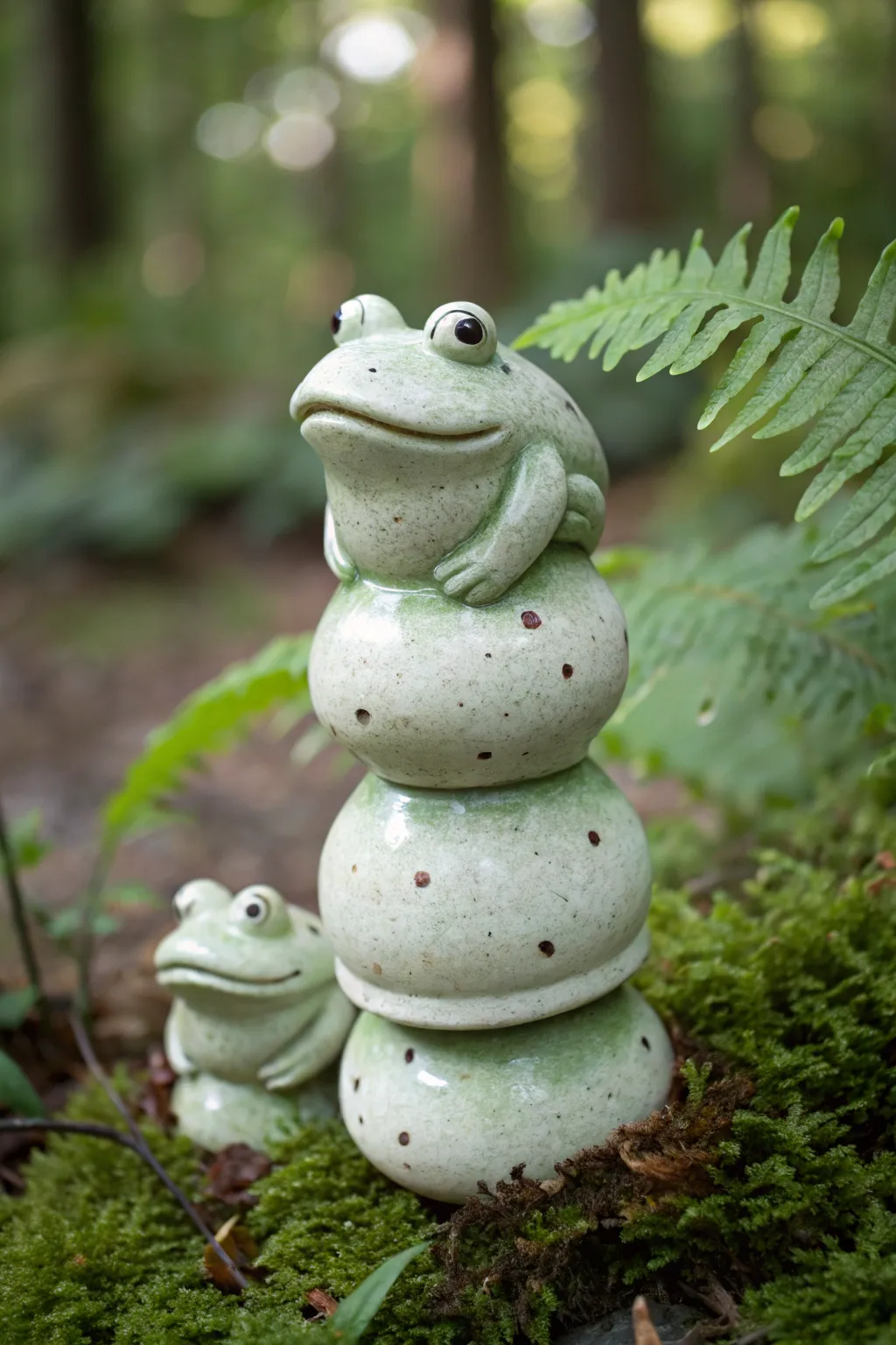 Playful stacked frog garden totem in rustic pottery, a charming minimalist boho accent.
