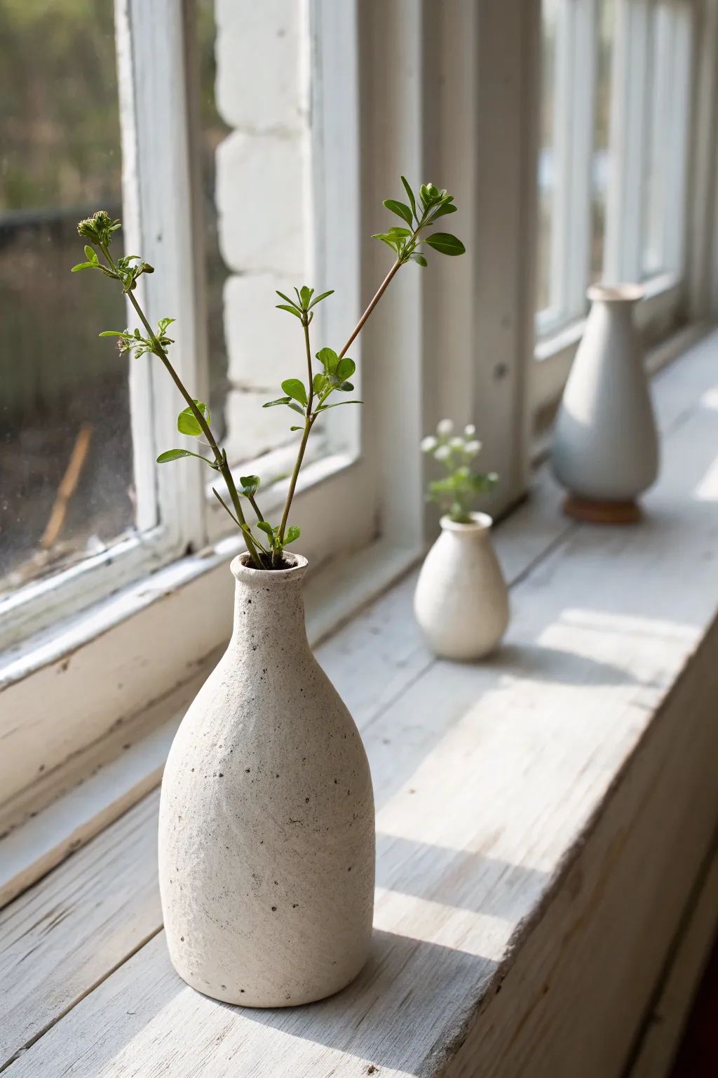 Tiny air-dry clay bud vase with one garden clipping, styled on a sunlit windowsill.