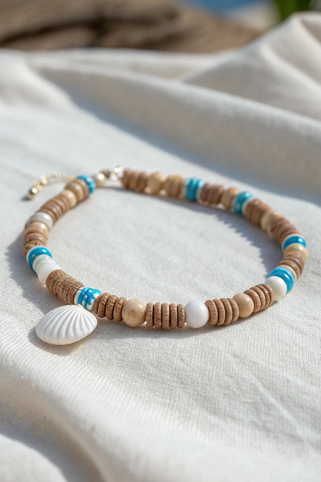 Beachy heishi bead bracelet in sand and sea tones, minimalist boho vibes for sunny days.