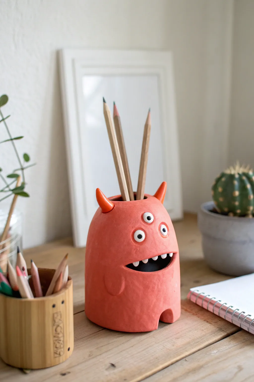 A bright chunky clay monster cup holds pencils and brings playful joy to a calm minimalist desk.