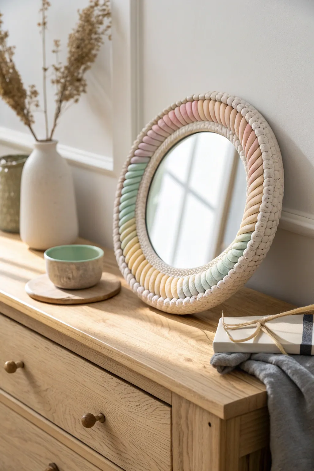Minimalist boho mirror with a chunky pastel rainbow polymer clay coil frame, softly styled on oak