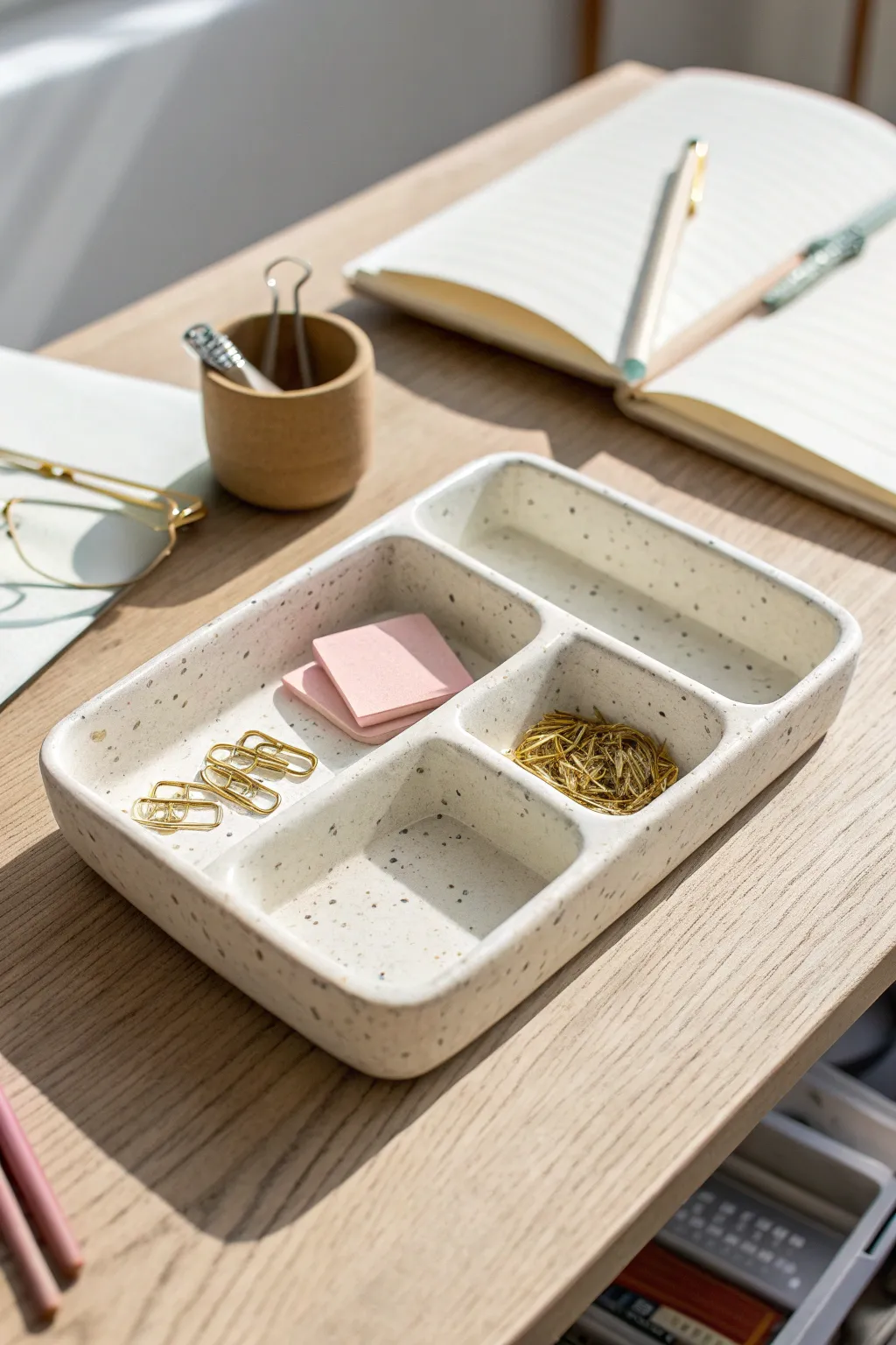 Handbuilt ceramic desk tray with simple compartments keeps pins and clips beautifully in place