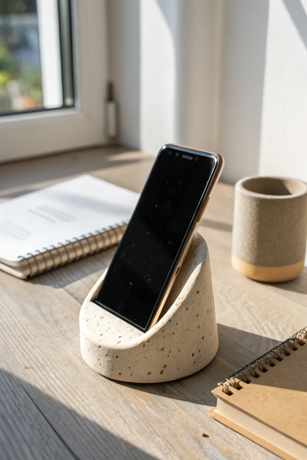 Minimal ceramic phone stand with a sound-boosting curve, made for calm desks and clear audio.
