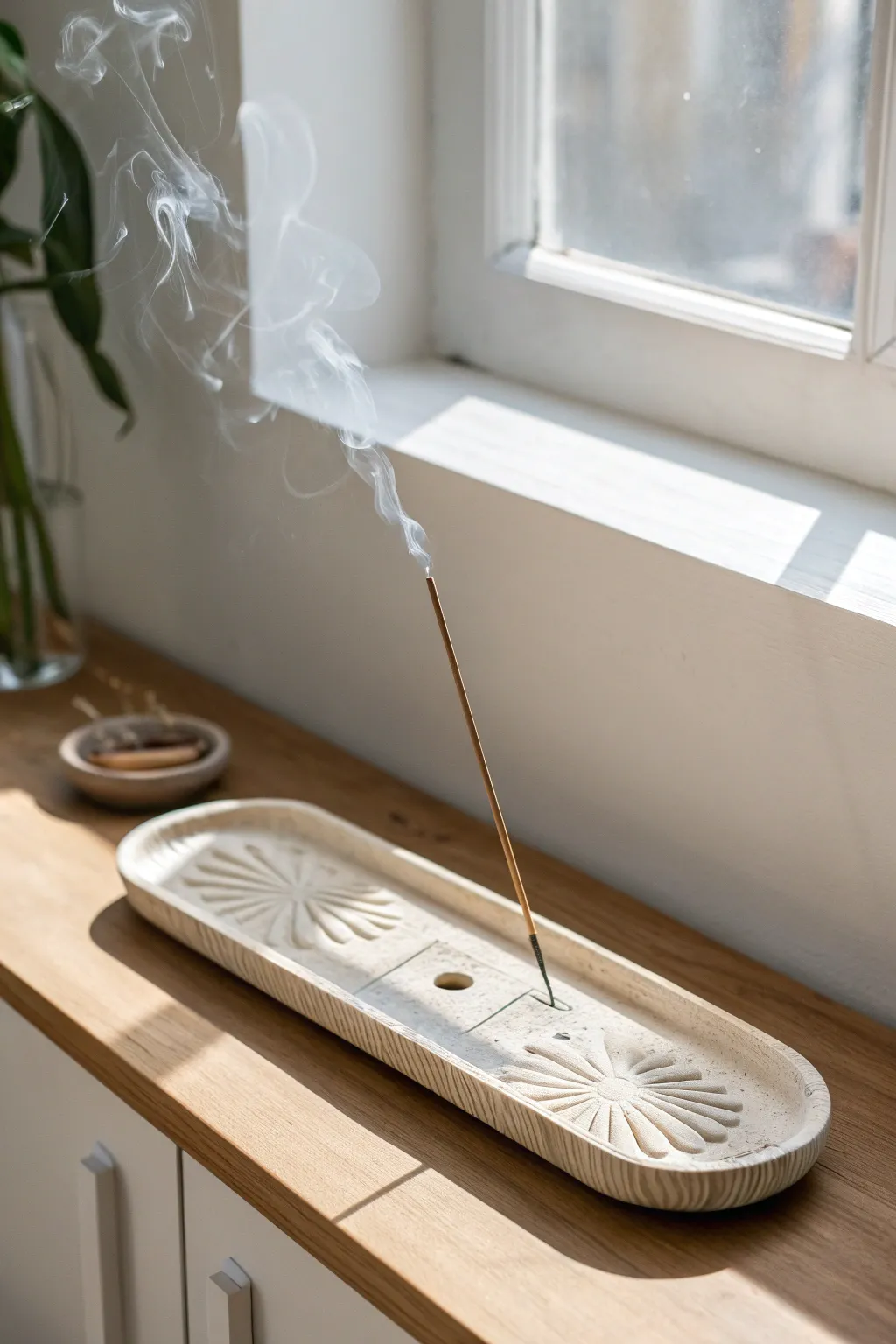 Simple polymer clay incense tray, matte and minimal, bringing calm Scandinavian-boho vibes.