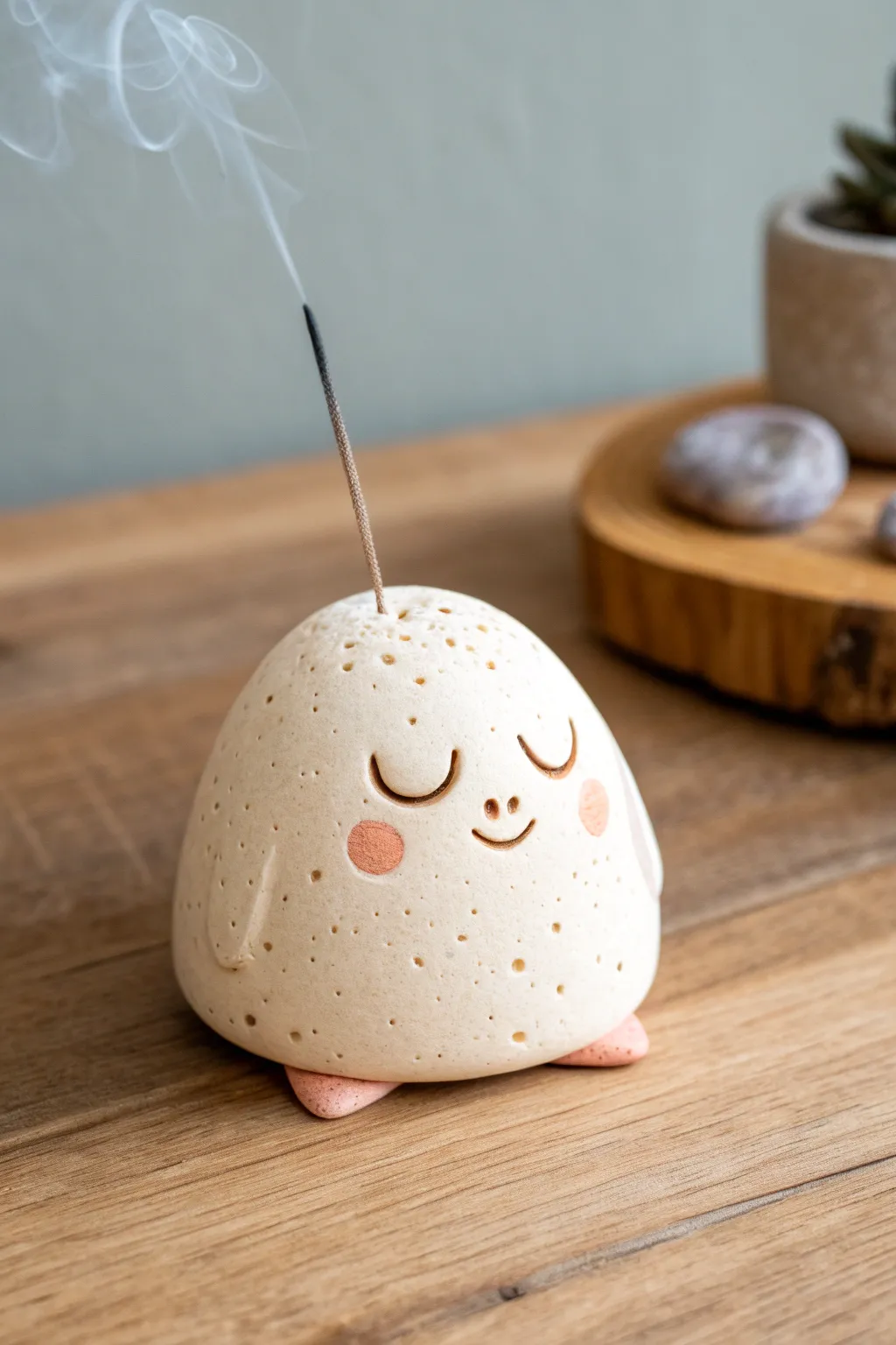 A sleepy blob creature incense holder that adds cozy humor to minimalist polymer clay decor