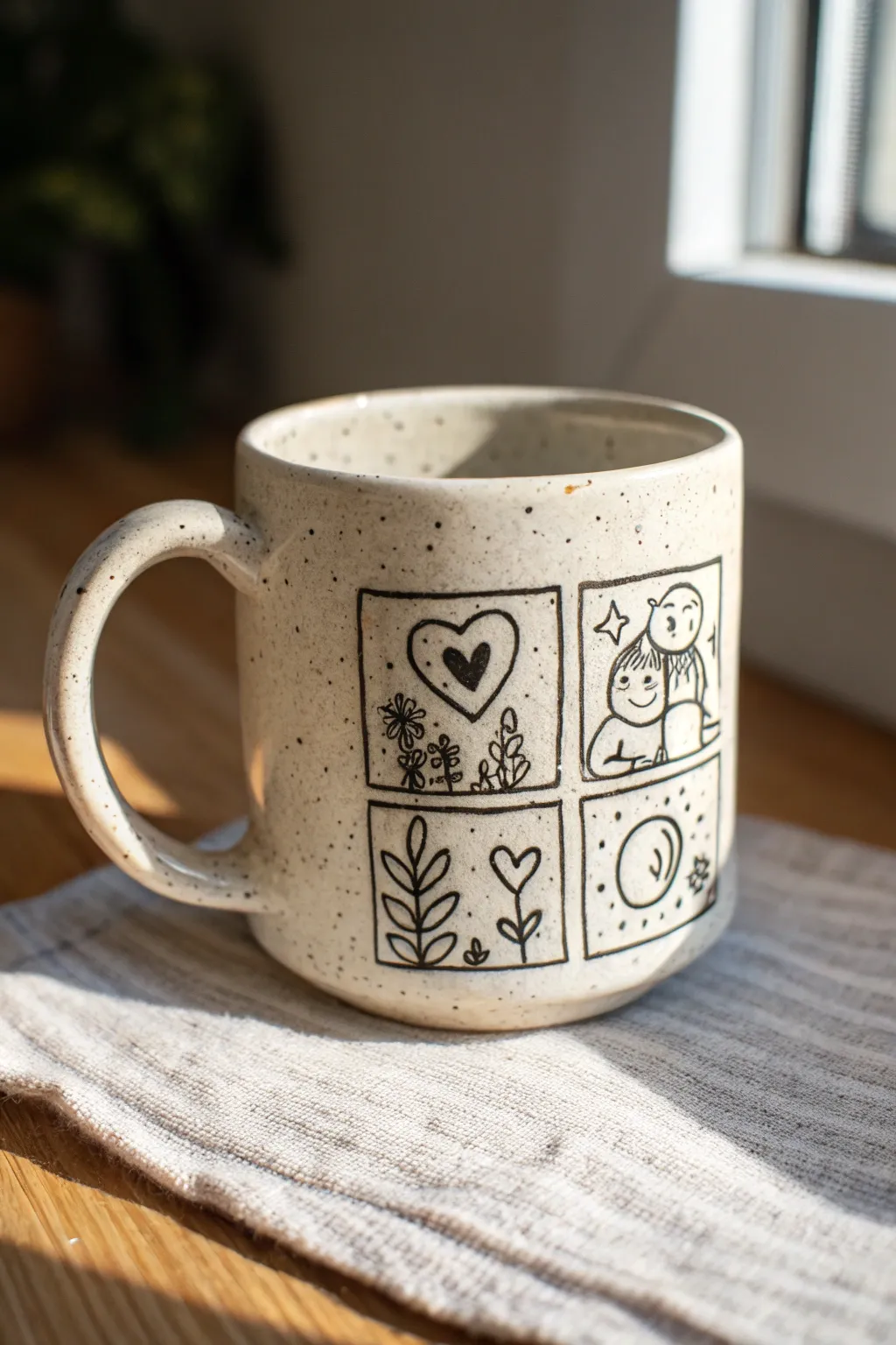 Paint a tiny three-panel comic around a mug for a playful, minimalist pottery makeover.