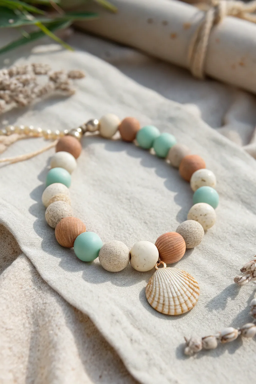 Sandy neutral clay bead bracelet with seafoam accents and a shell charm for an easy beach vibe.