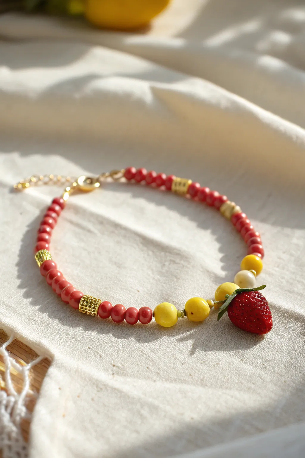 Sunny strawberry and lemon clay bead bracelet with gold spacers, bright, cute, and minimal
