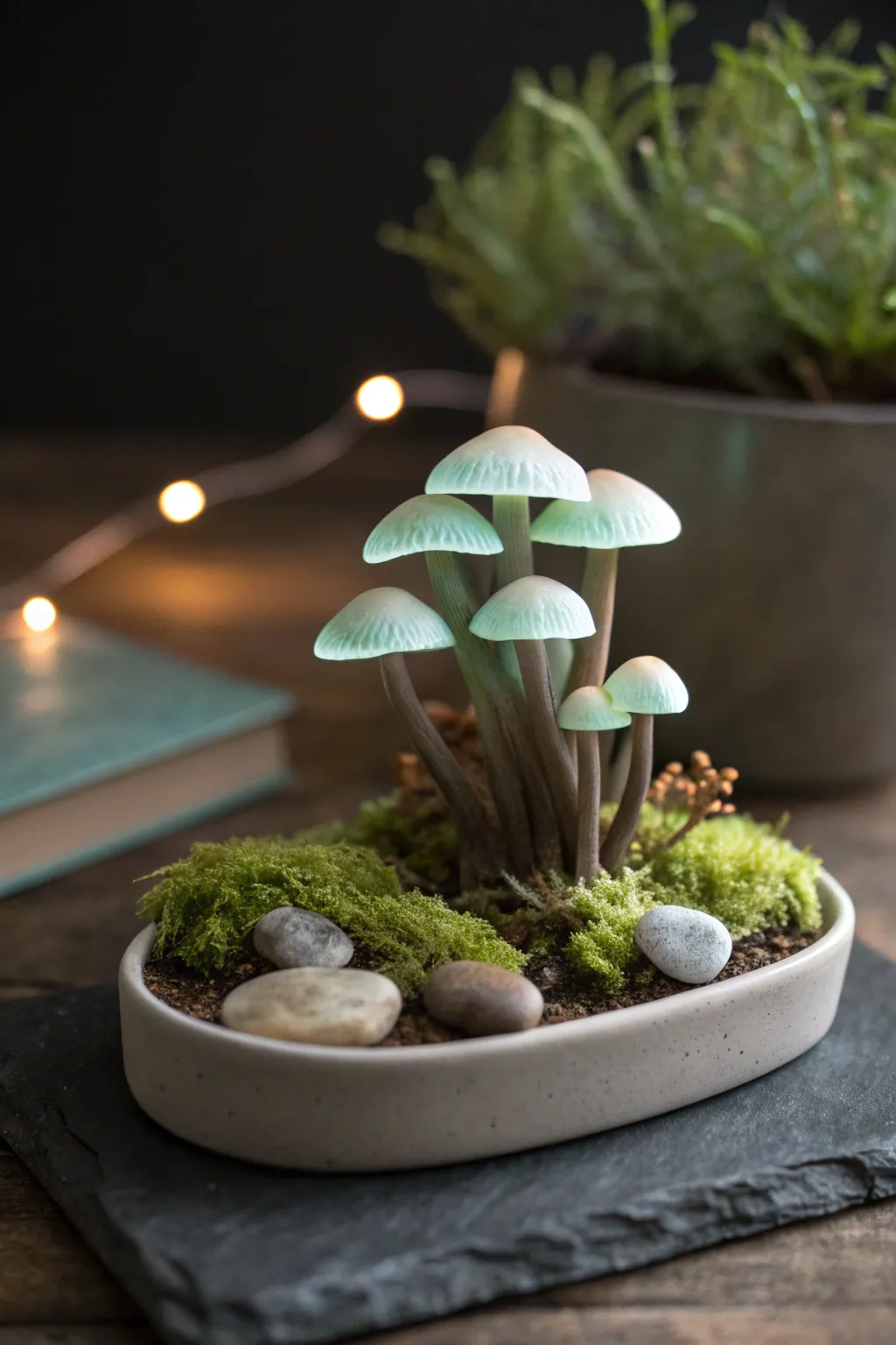Enchanted glow mushroom cluster in minimalist mossy setting, soft green luminescence at dusk