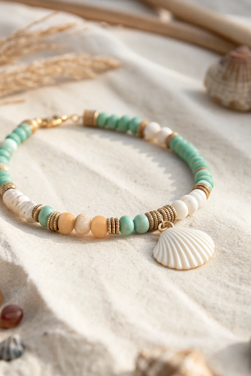 Seafoam and sand clay heishi bracelet with a single shell charm, minimal beachy elegance.