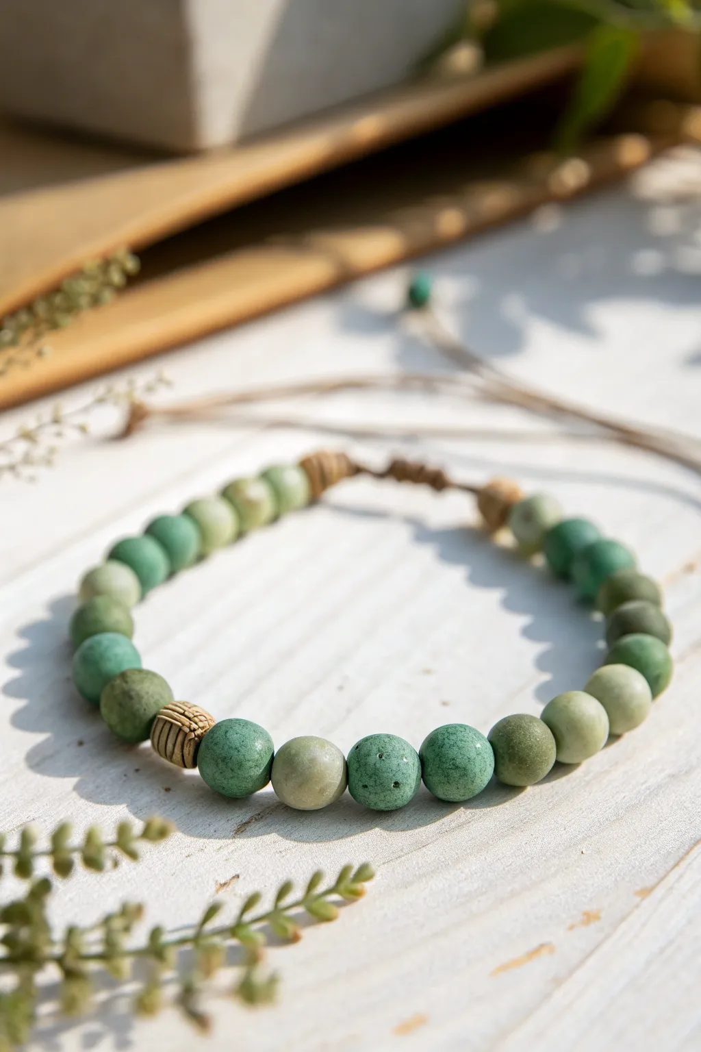 Half-and-half green clay bead bracelet in mint and forest tones, minimal and beautifully handmade.