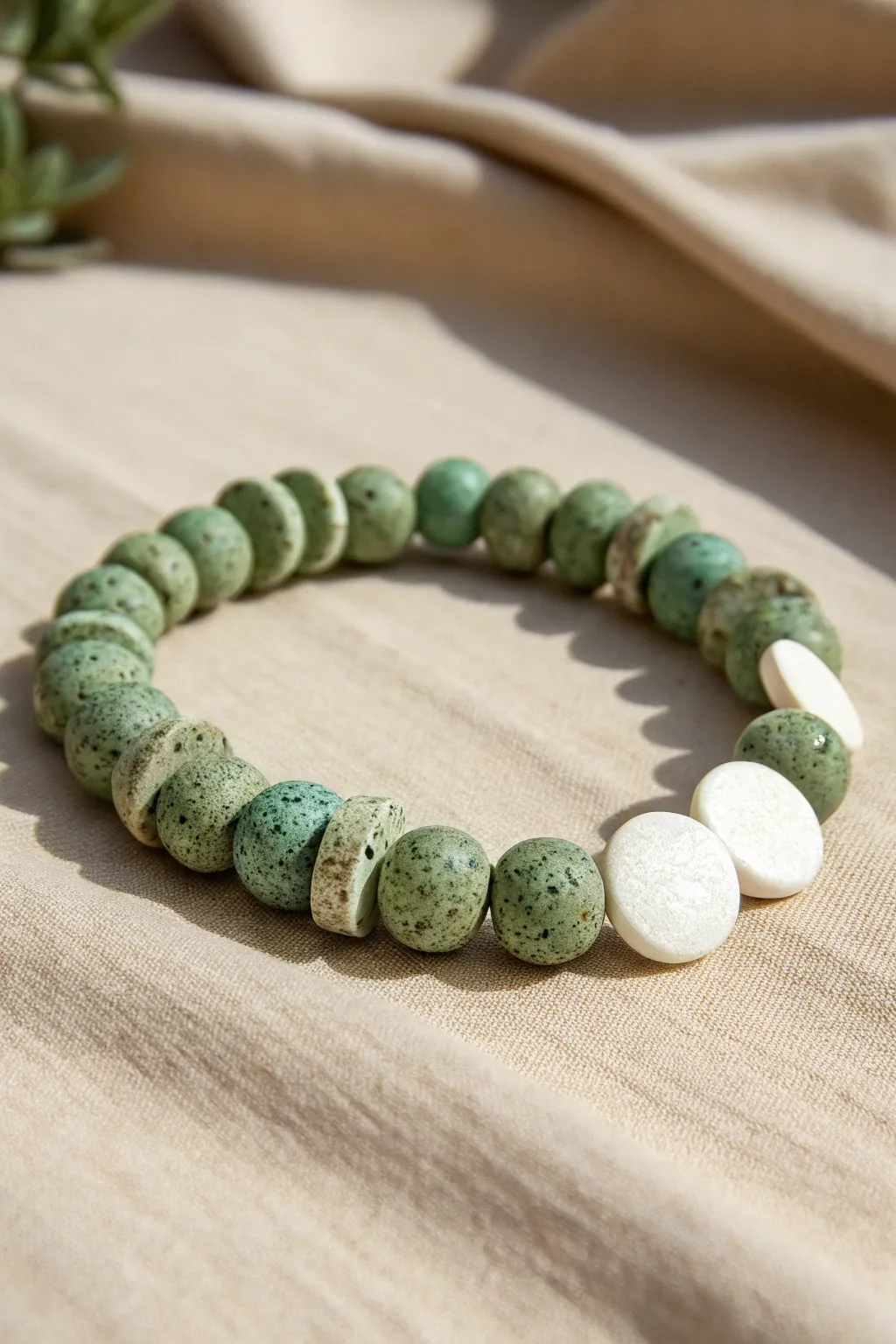 Terrazzo speckled green clay bracelet with crisp white accents for a clean minimalist boho look