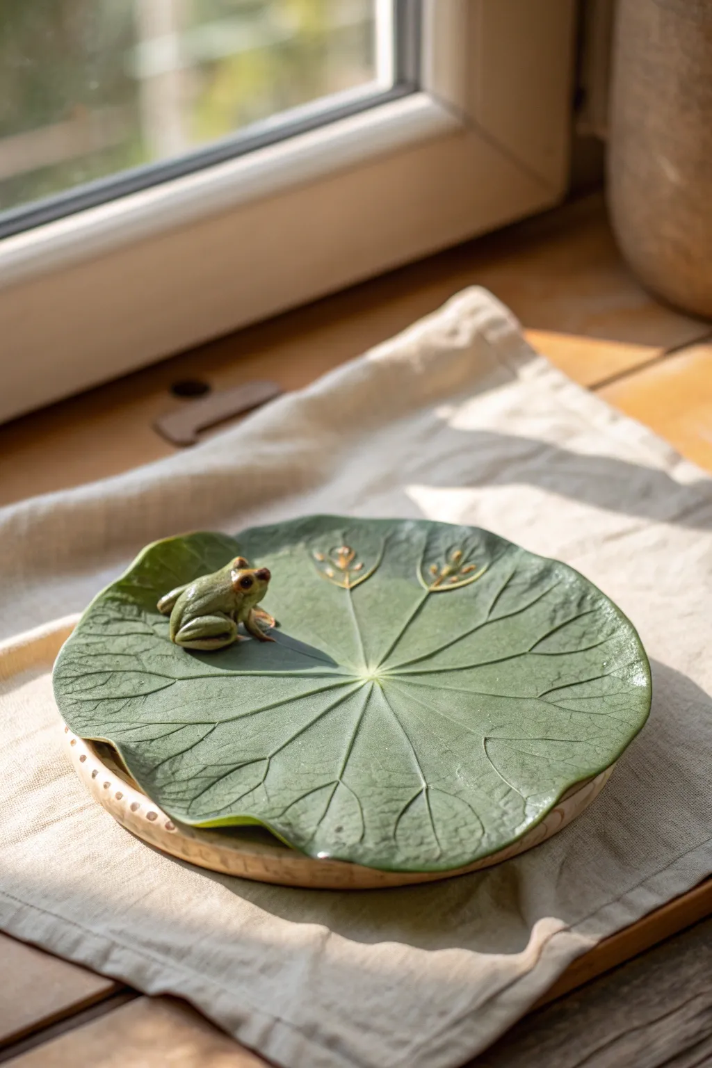 Sweet green lilypad dish with tiny frog topper, a calm boho-scandi clay mini scene.