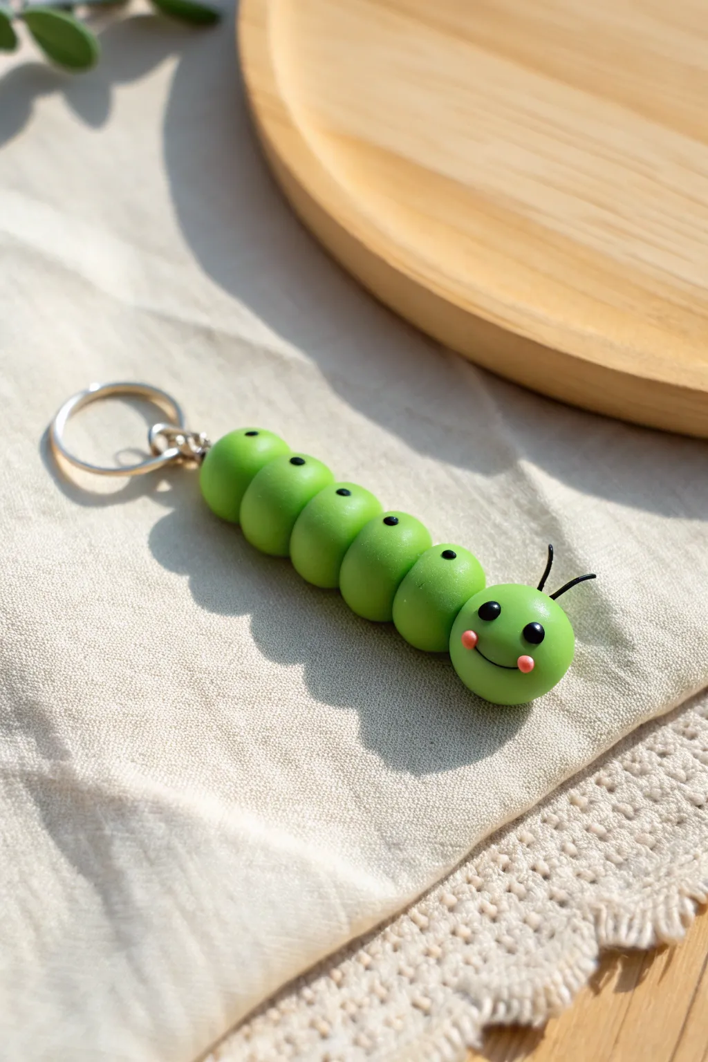 A cheerful green caterpillar charm in a soft curve, simple, cute, and perfectly handmade.