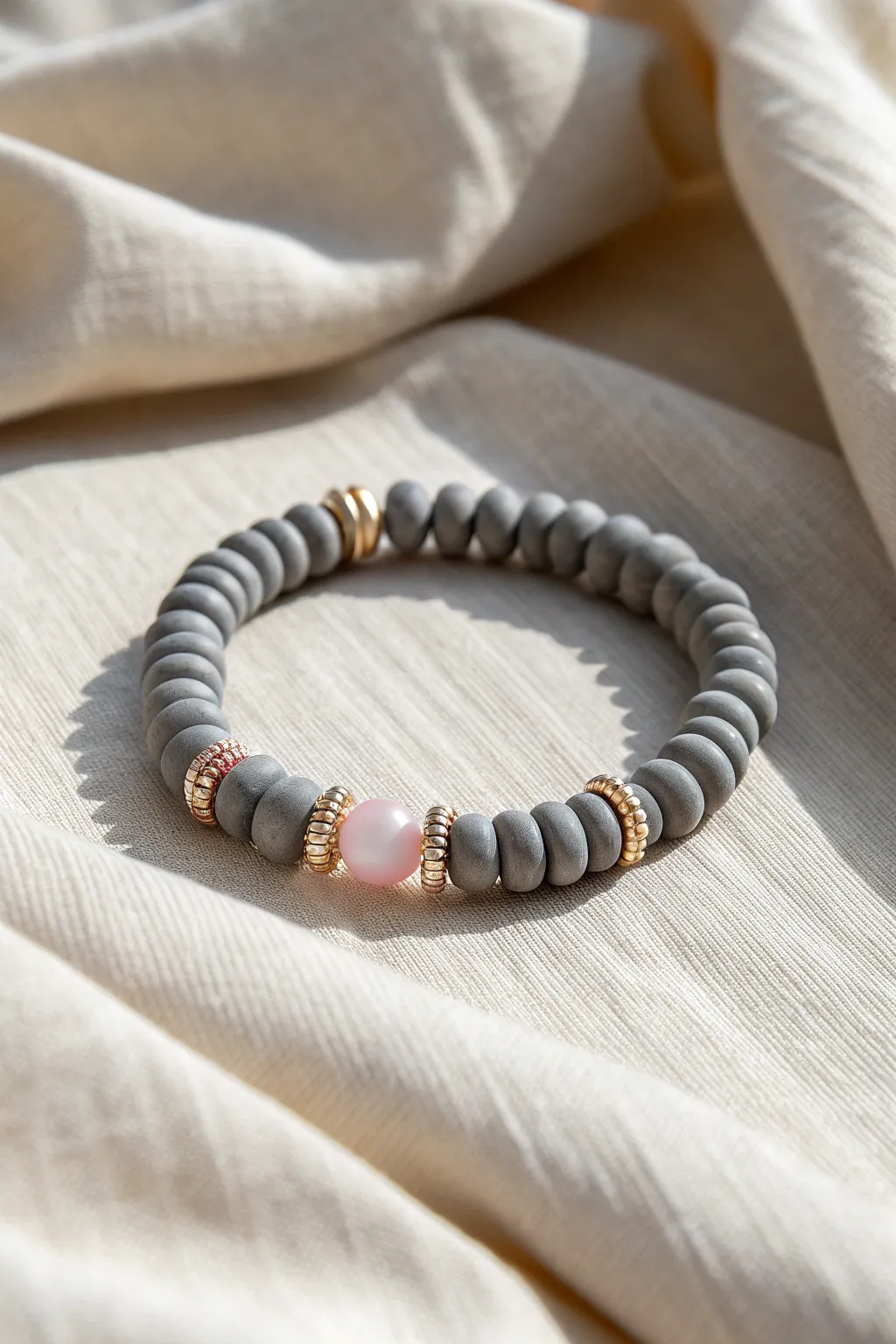 Grey heishi bracelet with blush bead cluster, styled on linen for modern romantic calm.