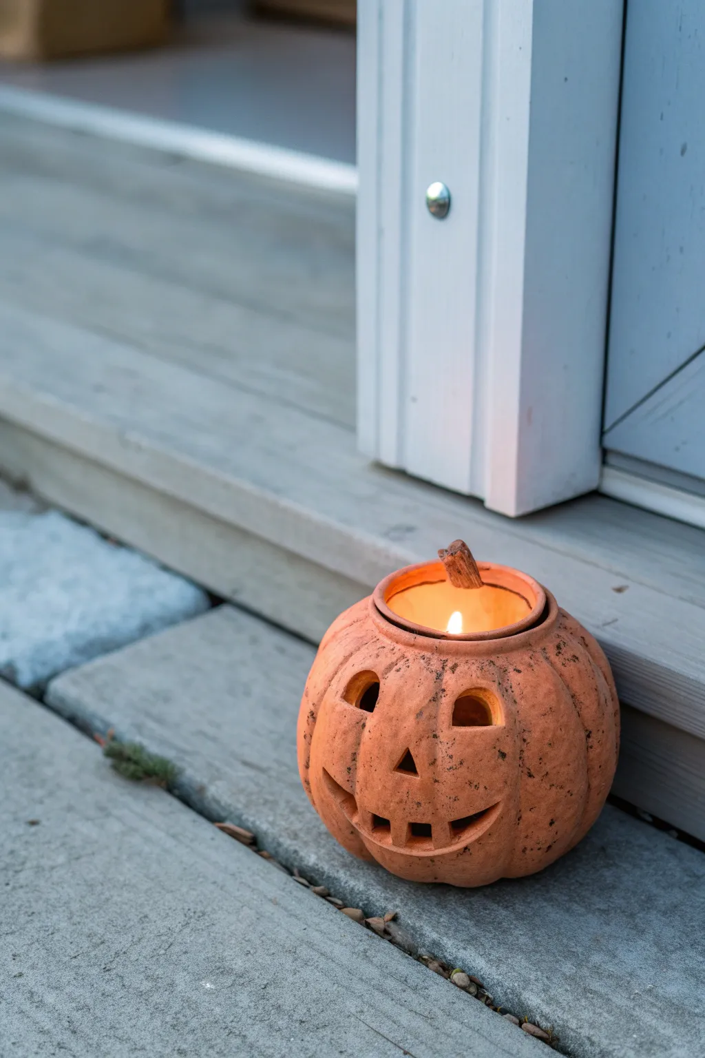 Cozy pumpkin tea light lantern made from air dry clay, a kid-friendly Halloween doorstep glow
