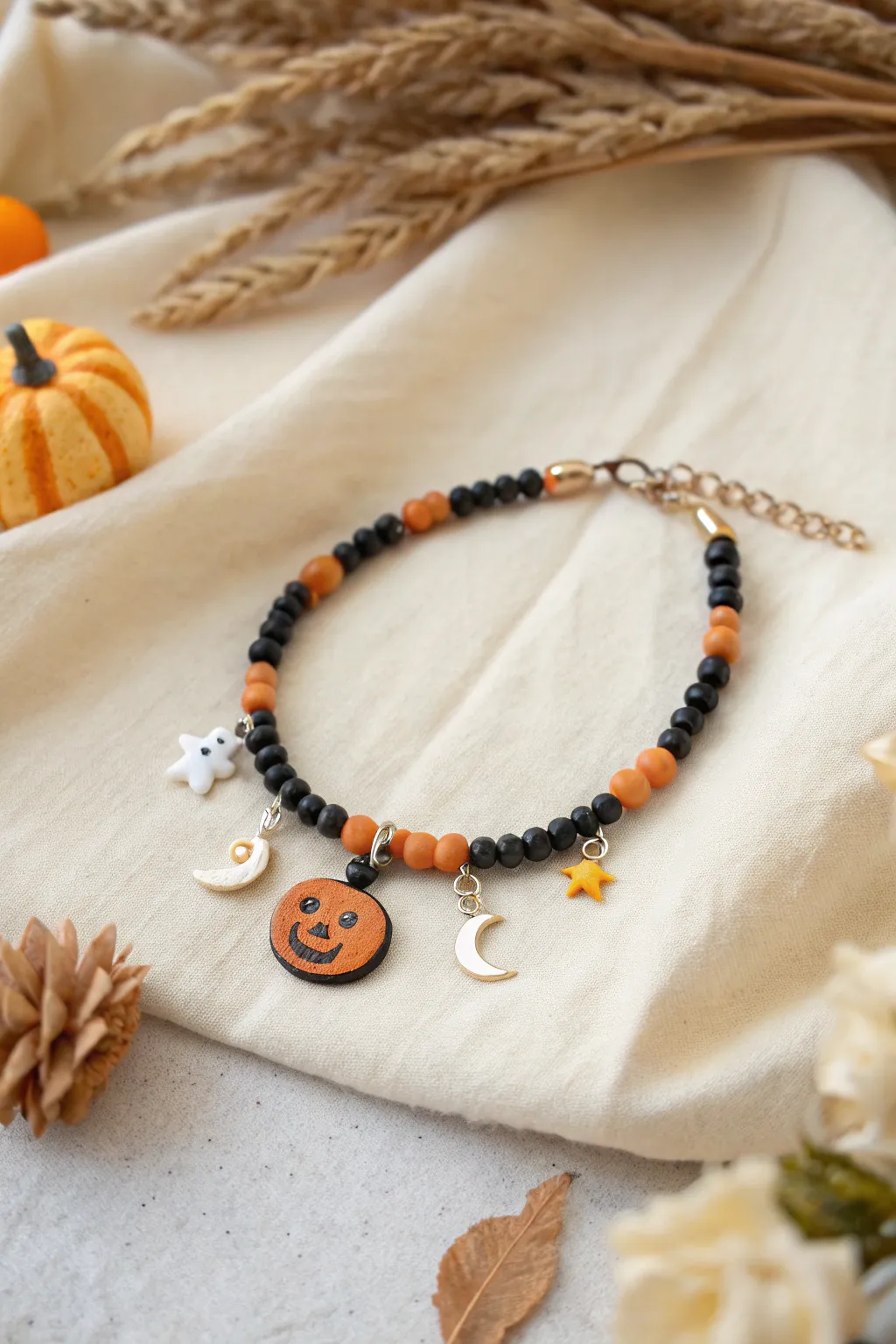 Minimal black-and-orange clay bracelet with a cute Halloween charm cluster near the clasp