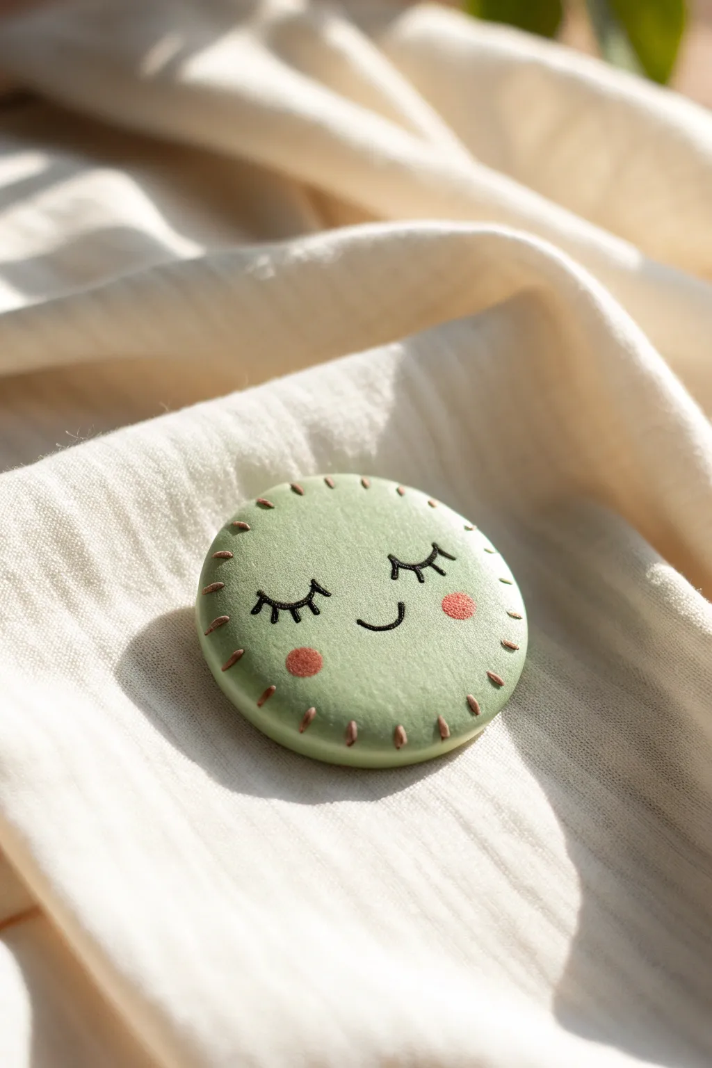 Kawaii stitched monster clay badge in soft green, perfect easy Halloween pin for minimalist boho decor
