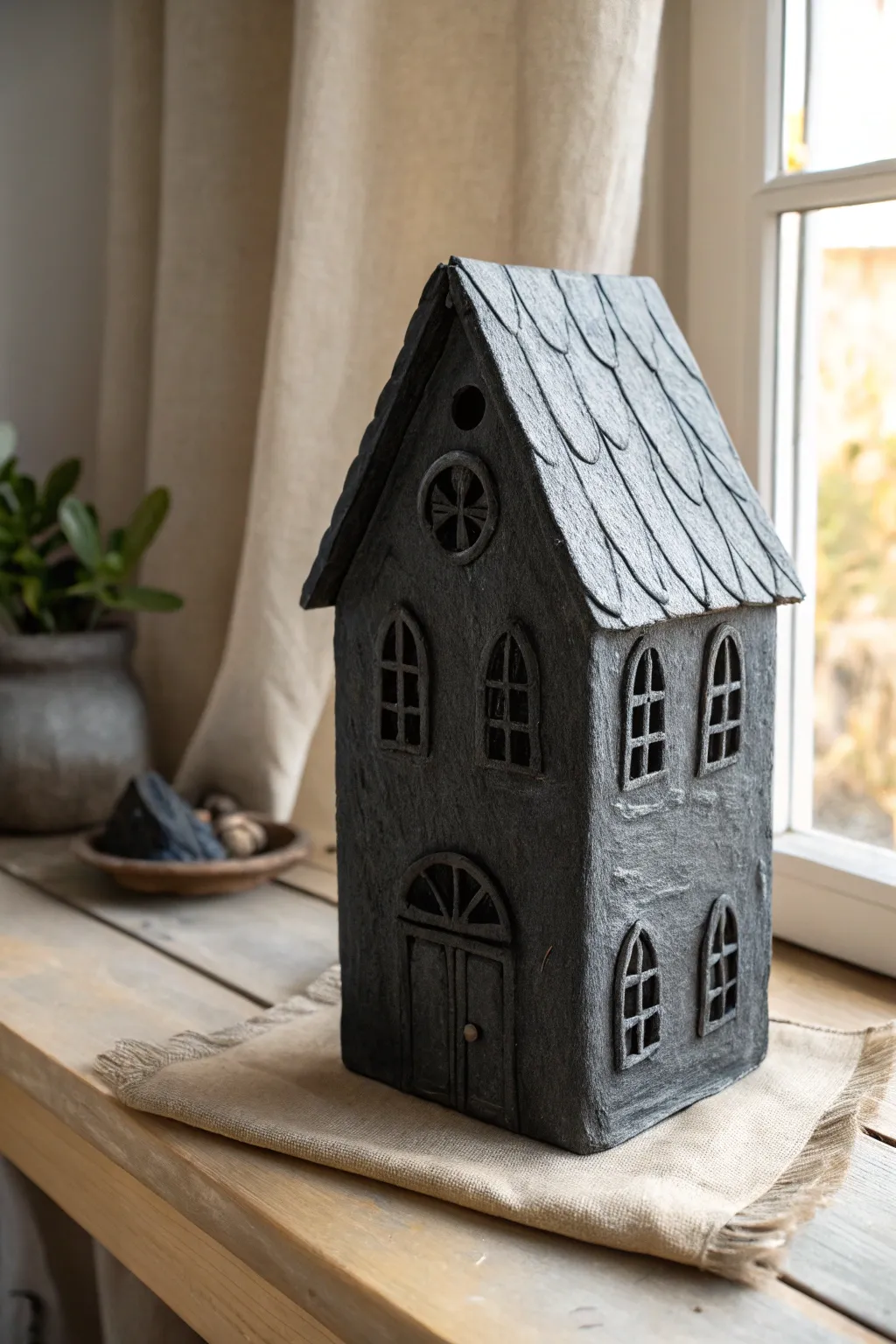 Dark matte clay haunted house facade, kid friendly Halloween décor with cozy minimalist styling.