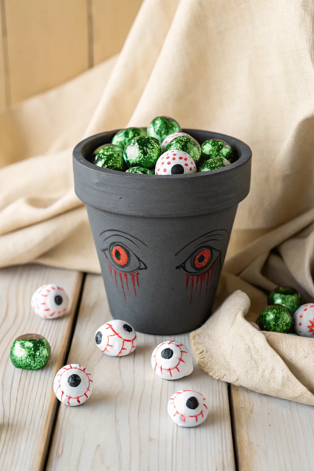 Charcoal eyeball cluster pot filled with green treats, spooky yet minimalist for Halloween decor