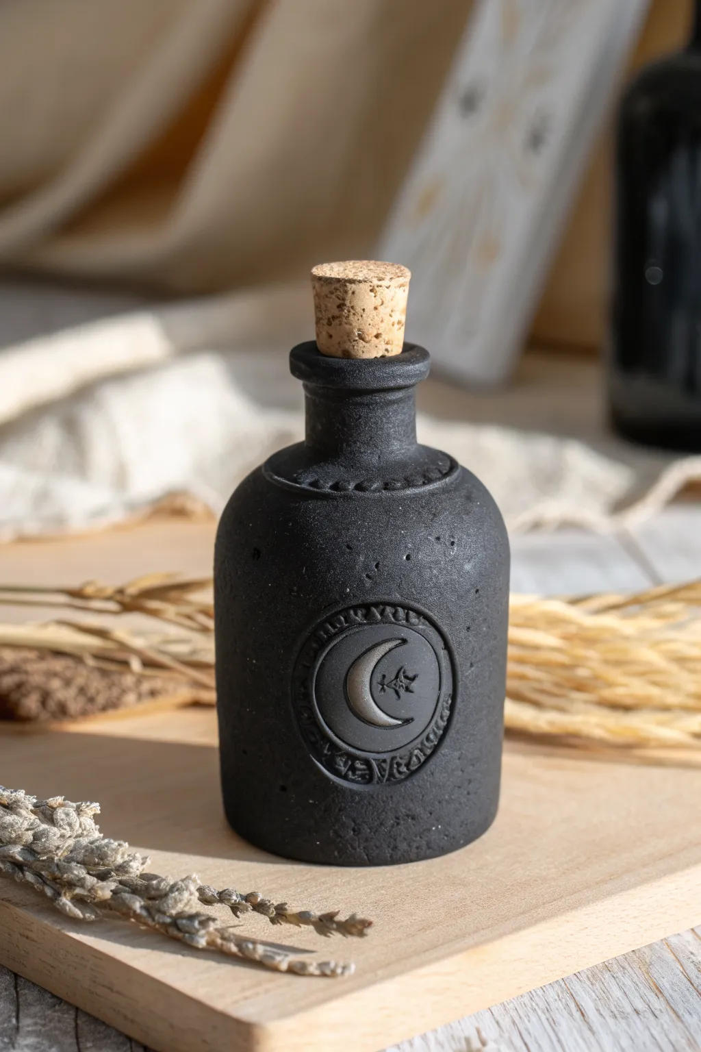Mini clay potion bottle with raised moon label in moody tones, styled in soft minimalist decor
