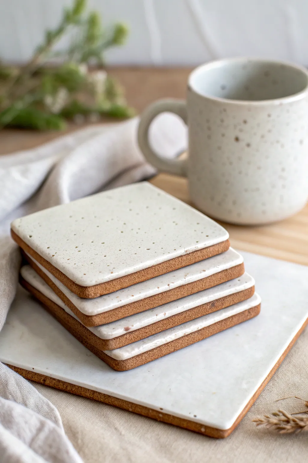 Beginner slab-cut tile coasters with simple stamps, stacked for a clean modern look.
