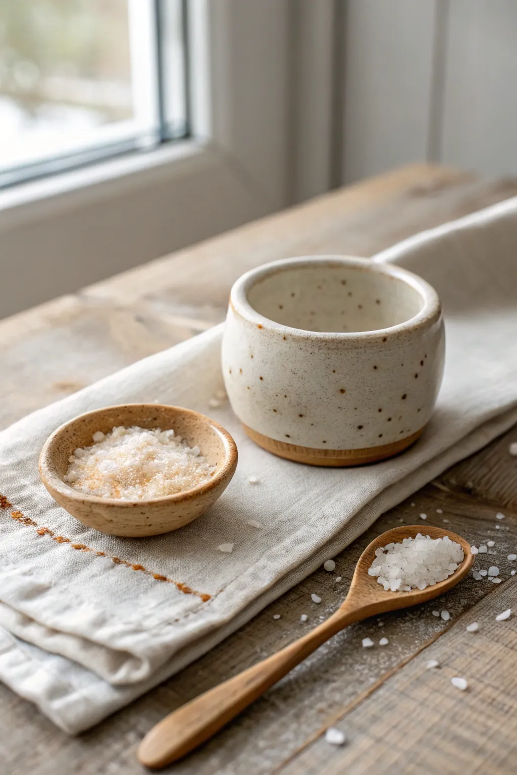 Hand-built salt cellar and mini scoop, simply styled with linen and a pinch of sea salt