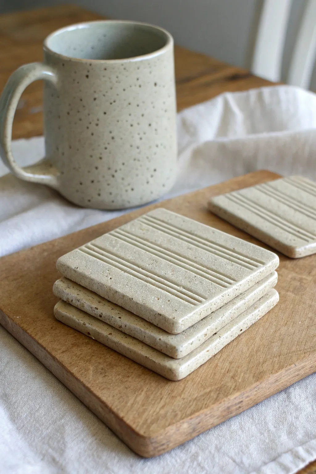 Minimal slab tile coasters with carved lines, stacked beside a cozy mug, beginner-friendly.