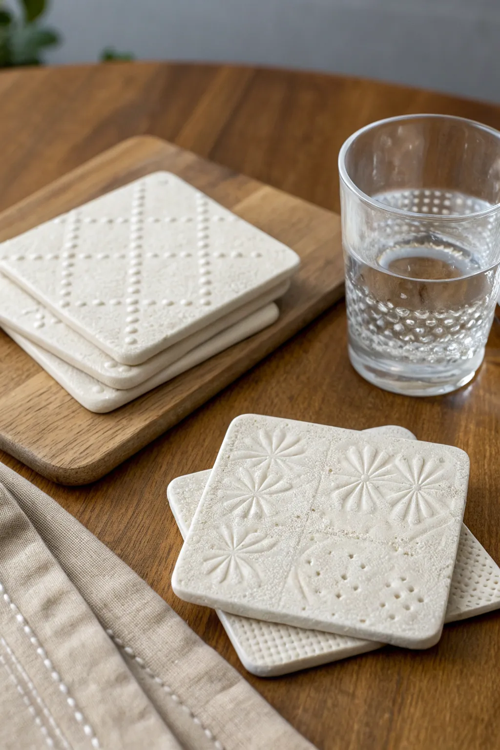 Texture-stamped clay coaster set in soft neutral tones, stacked neatly with a glass of water