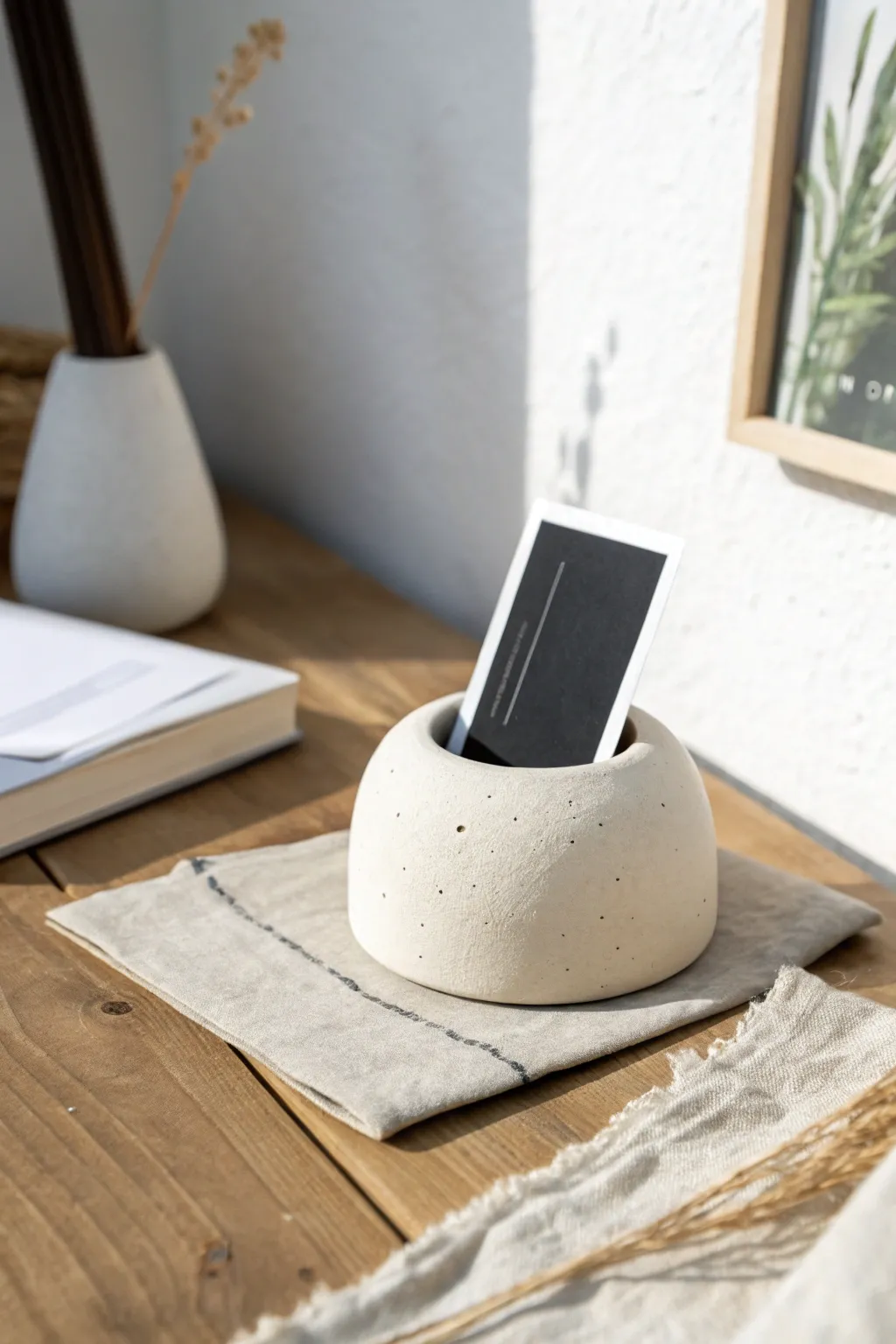 Minimal clay photo and card holder brings calm, handmade style to your desk setup.