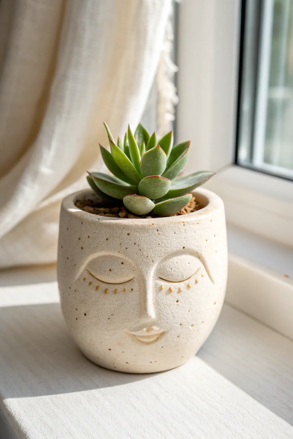 Sweet face pinch pot planter with succulent hair, minimalist clay decor for cozy shelves.