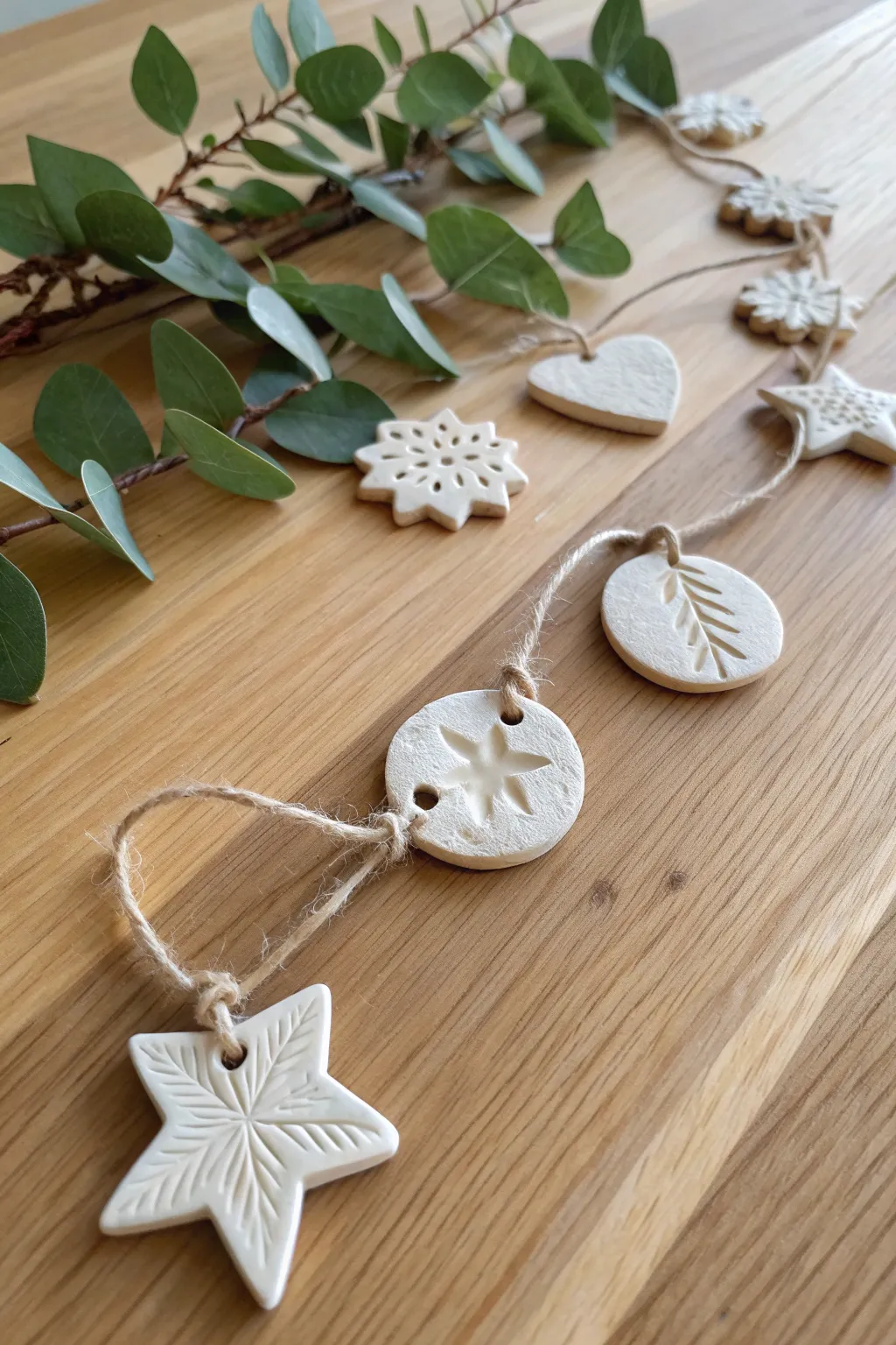 Embossed clay ornaments in soft neutrals, strung with twine for a simple boho garland.