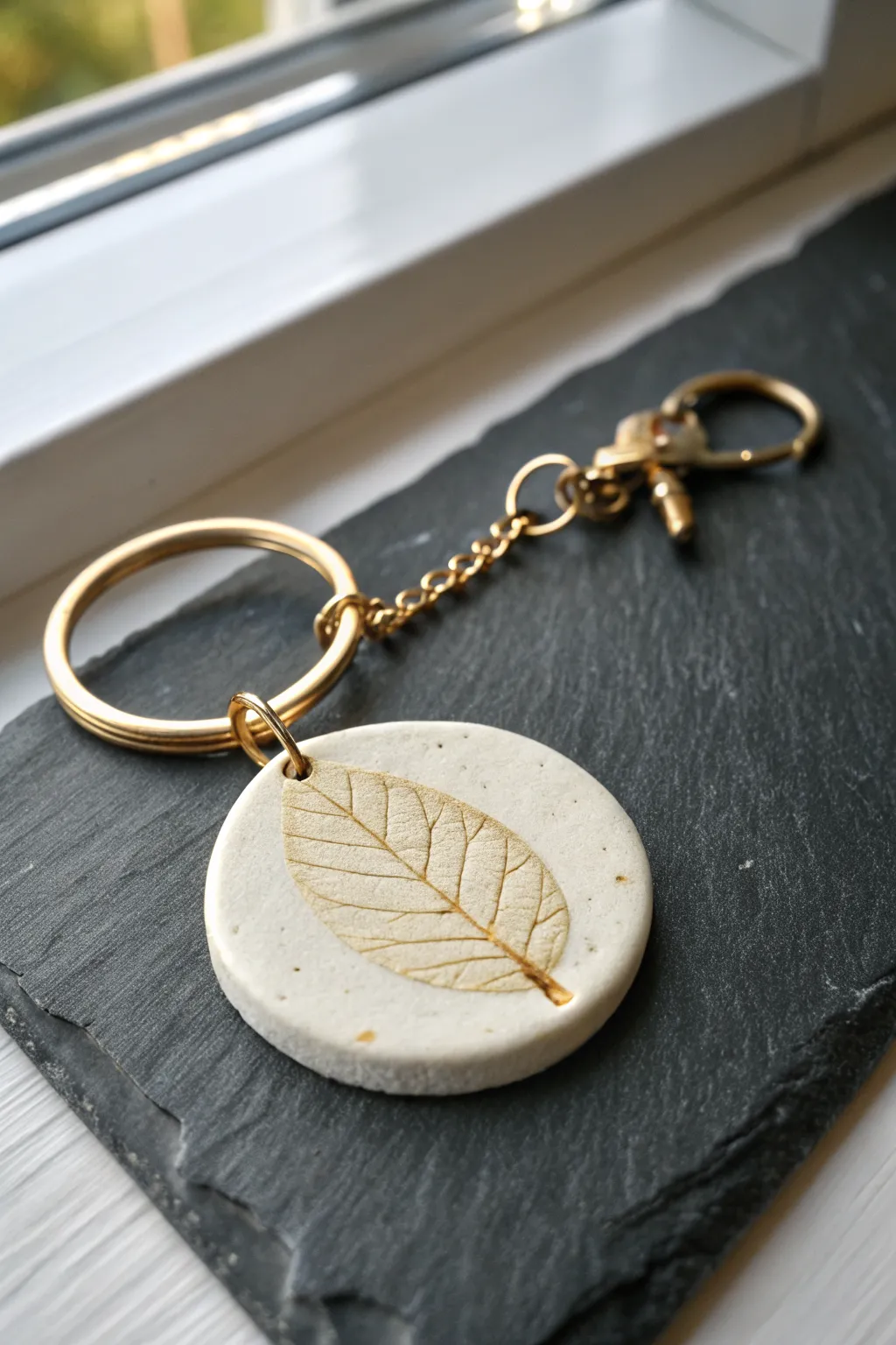 Handmade minimal leaf-imprint clay medallion keychain, Scandinavian calm with a boho touch.