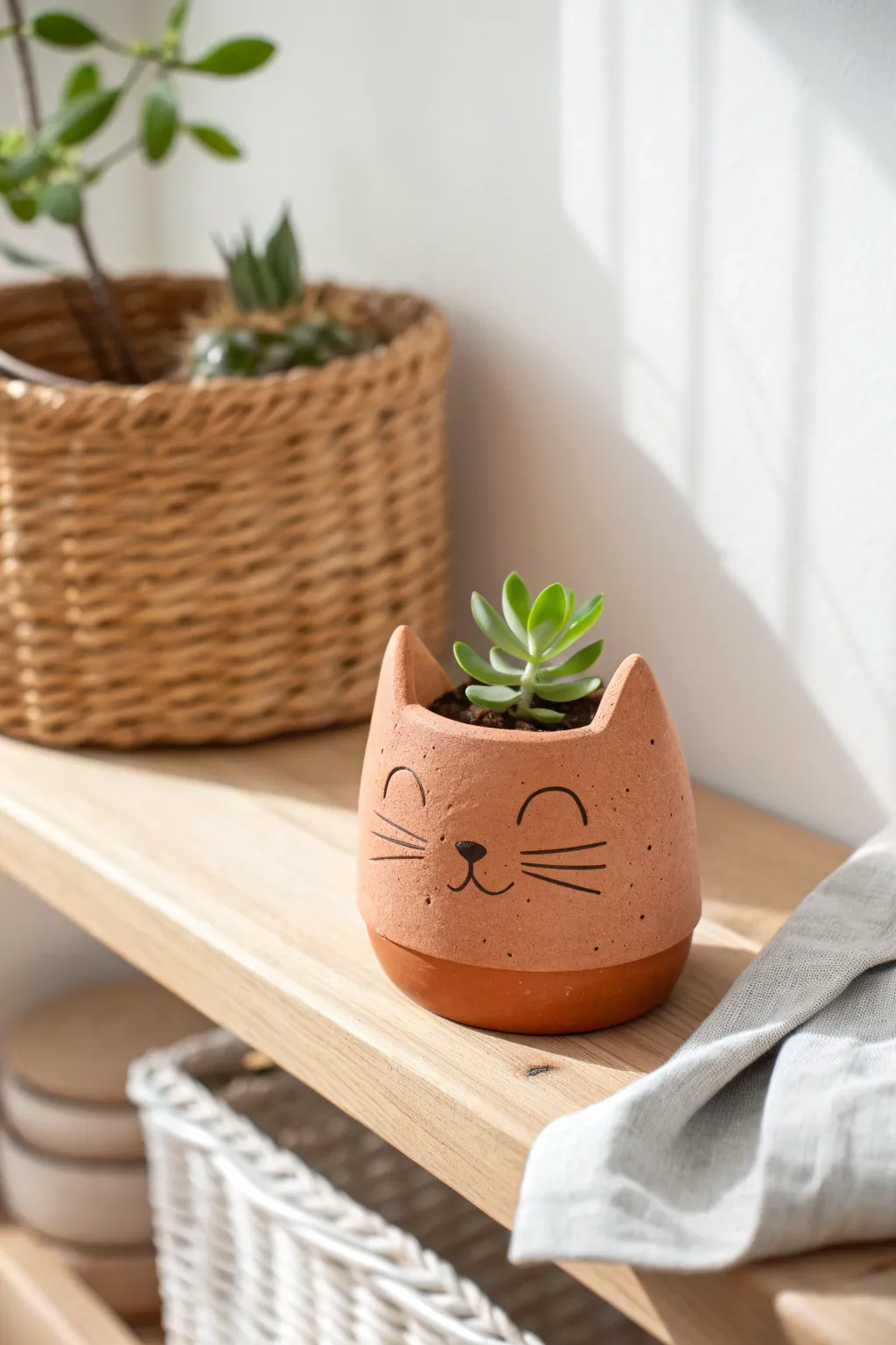 Cat-shaped mini planter idea: simple handmade clay pottery with a fresh succulent for shelf styling