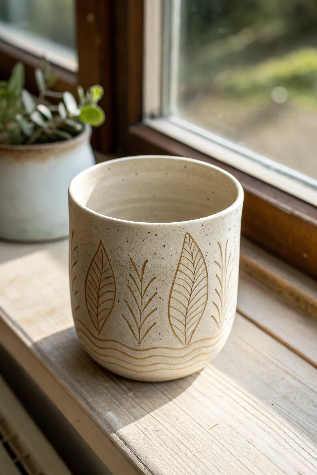 Minimal sgraffito cup with carved waves and botanical lines, revealing warm clay beneath