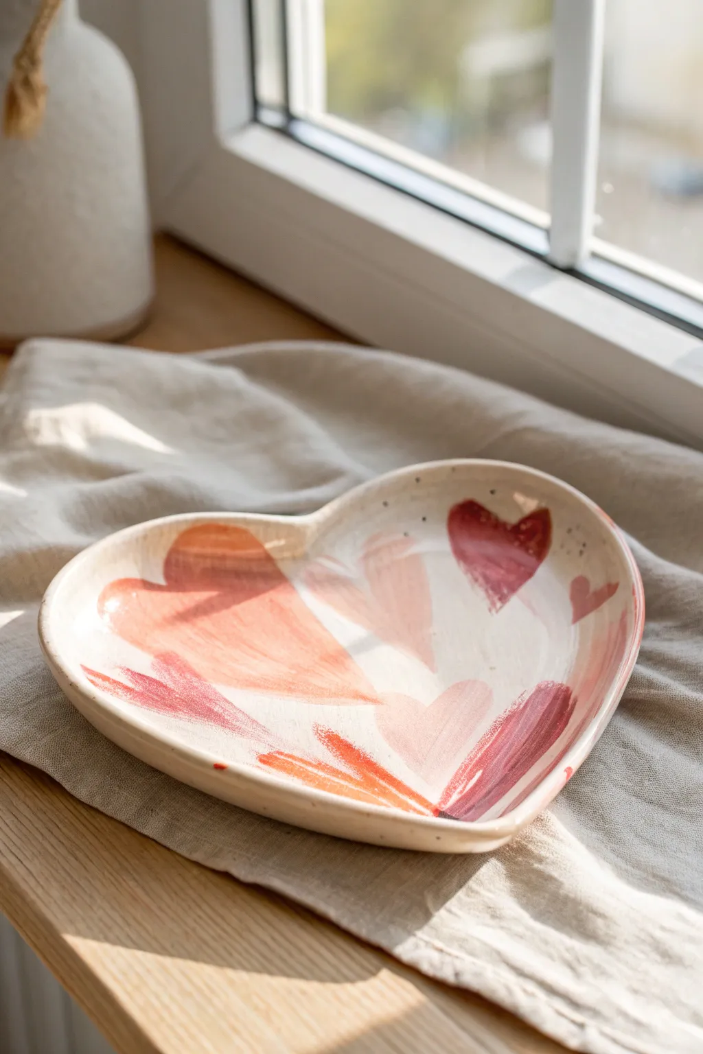 Modern abstract heart brushstrokes in warm pinks and peach on a minimalist handmade plate