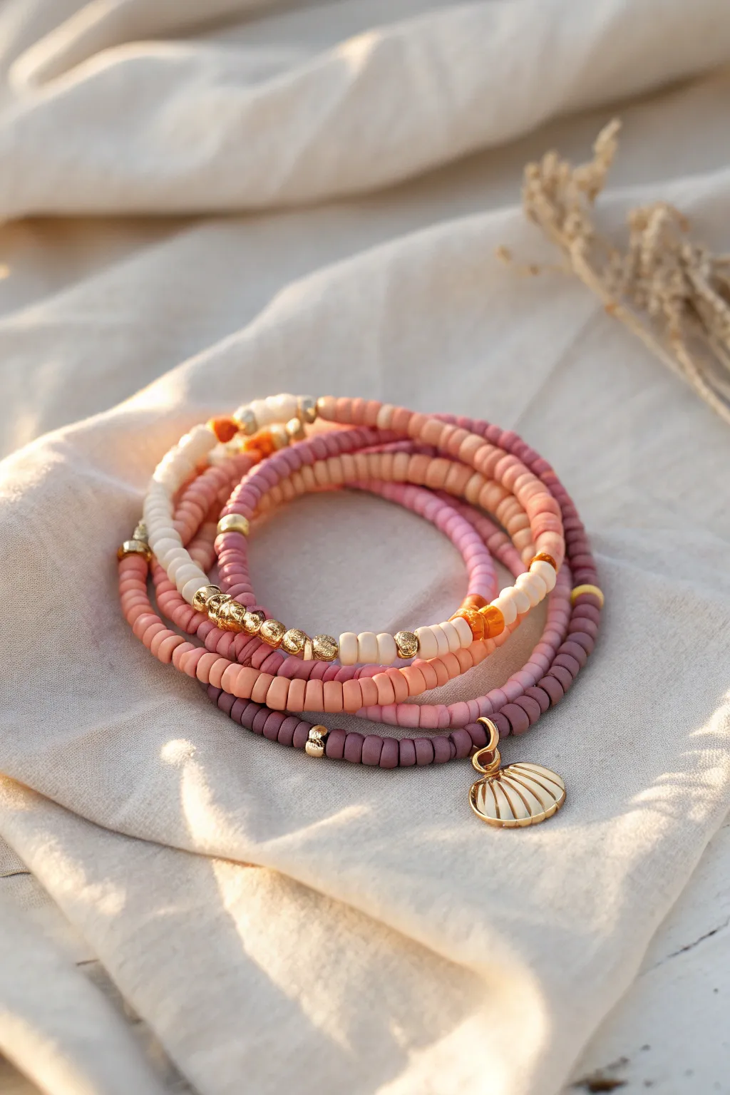 Sunset gradient heishi clay bead bracelet stack in golden light, minimal and boho-soft