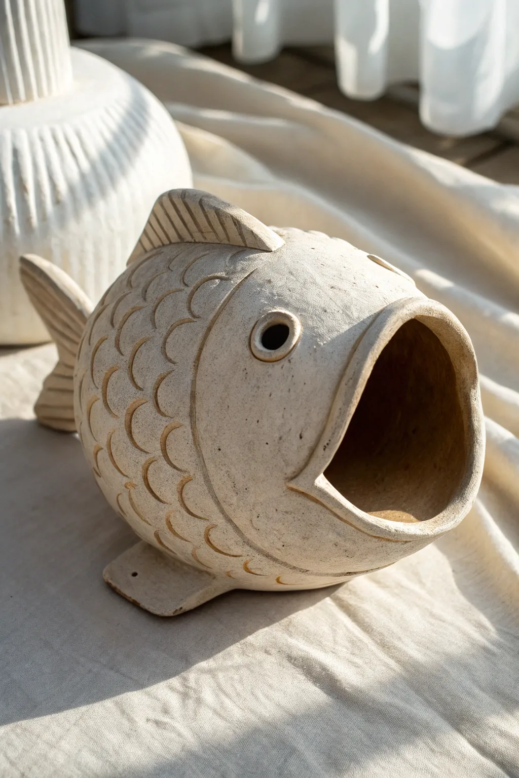 Hollow clay fish with open mouth detail, minimalist finish, perfect for beginner sculpture.